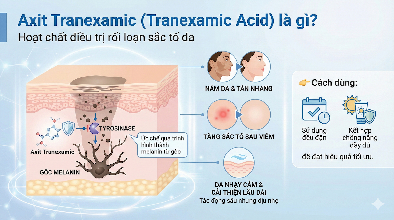 Hình ảnh cận cảnh các vết nám mảng trên má mờ dần dưới tác động của hoạt chất Axit Tranexamic.