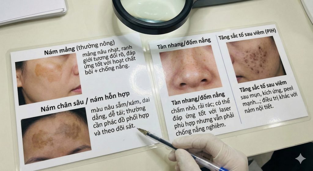 Hình ảnh đồ họa phân biệt nám mảng, nám chân sâu và tàn nhang trên các lớp cấu trúc da.