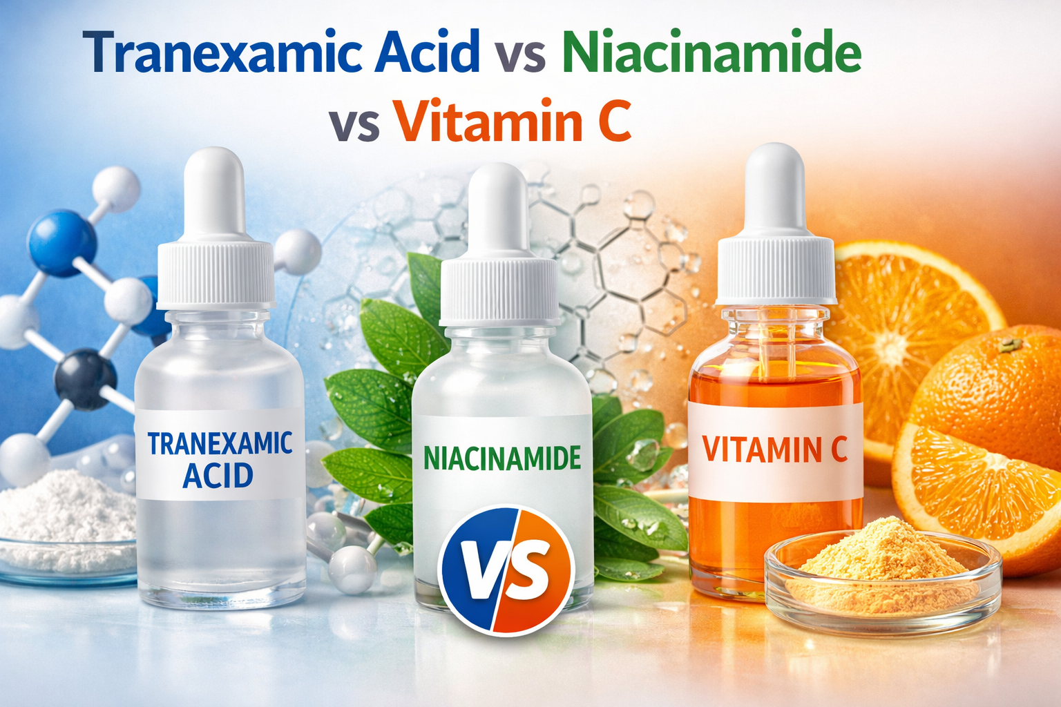 Hình ảnh 3 lọ serum hoặc biểu tượng đại diện cho Tranexamic Acid, Niacinamide và Vitamin C cạnh nhau.