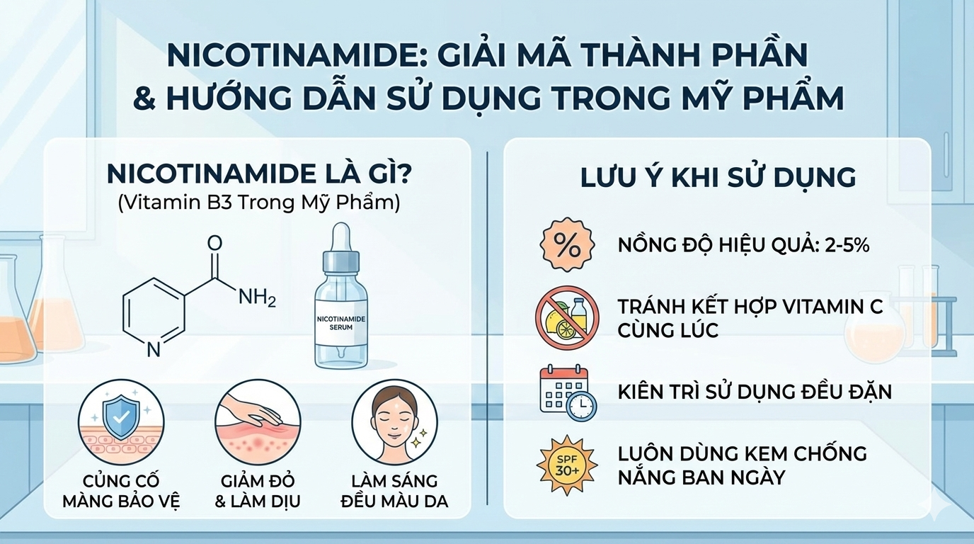 Sơ đồ cấu trúc hóa học hoặc mô hình phân tử của Nicotinamide (Niacinamide) màu trắng.